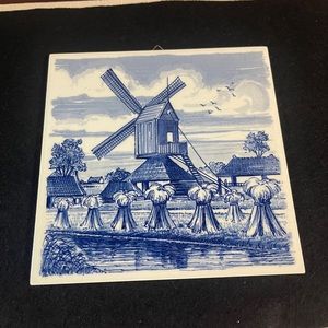 Delft Tile, Vintage Blue & White, Coastal Windmill, Dutch Hand Painted
